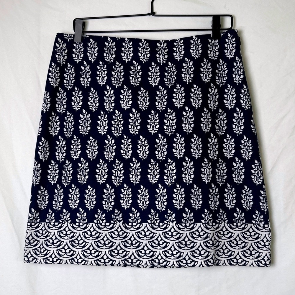 Talbots Womens Botanical Scallop A-Line Skirt Size 8 Navy Blue White Coastal
